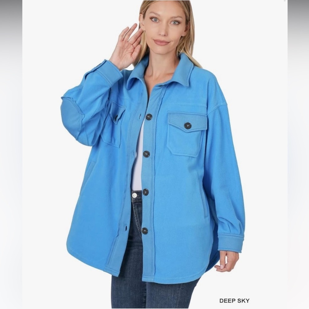Zenana All About the Fleece Lightweight Button-Down Shacket in deep sky xl - Picture 1 of 2